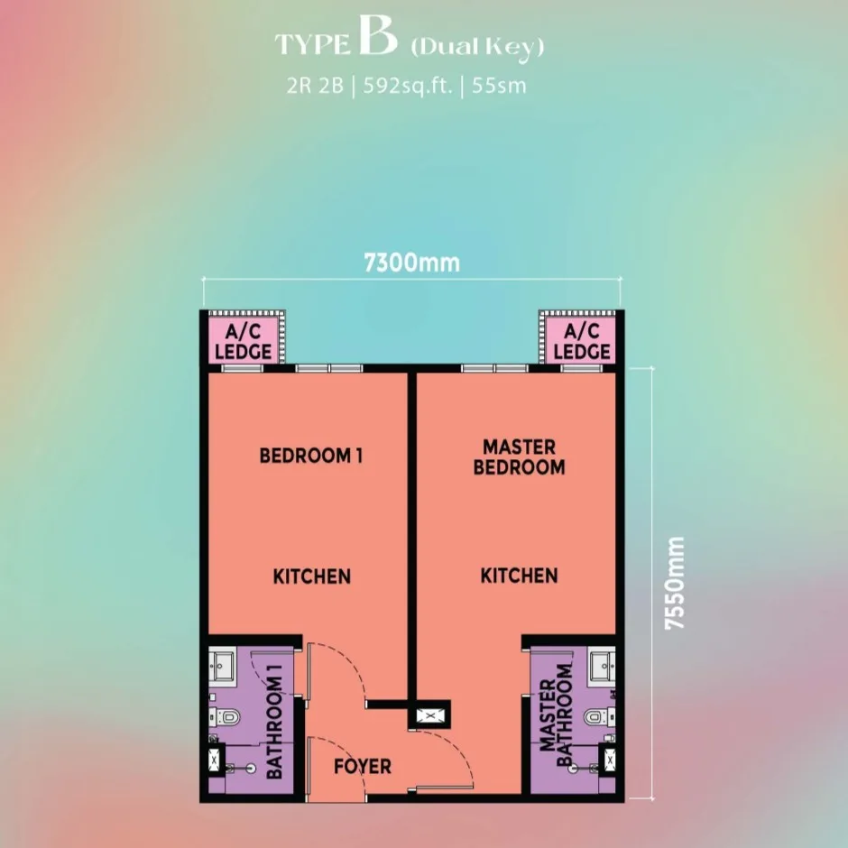 Causewayz Square JBCC Type B: 2-Bedroom Dual Key (592 sq ft) - High Rental Yield Floor Plan